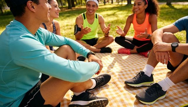 Runners gathering on checkered blanket sharing post-run tips and cooling down in park