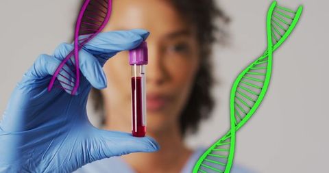 Female Scientist Analyzing Blood Sample with DNA Overlay