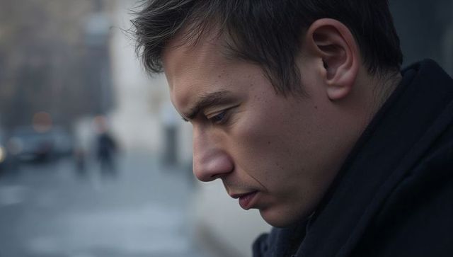 Pensive young man standing on urban sidewalk wearing dark coat and scarf