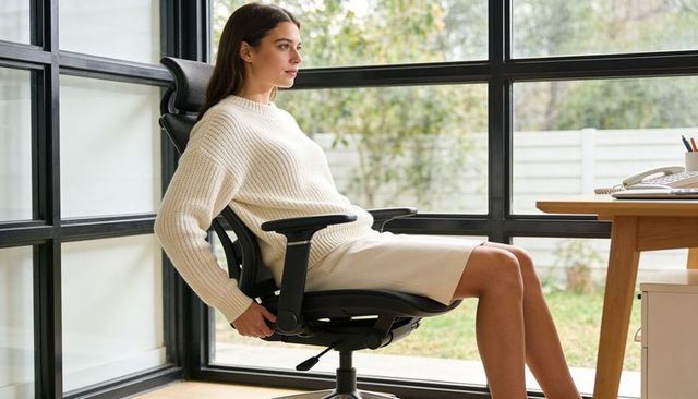 Professional woman adjusting ergonomic chair in bright home office with large window view