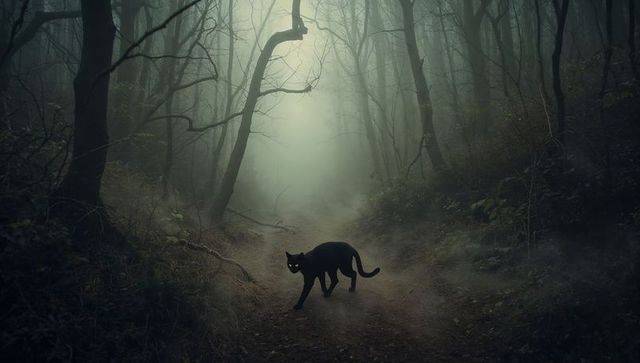 Black cat prowling through foggy mystical woods