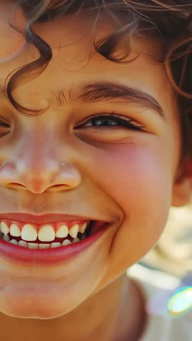 Vertical video sunlit smiling child close-up portrait with lens flare and candid joy