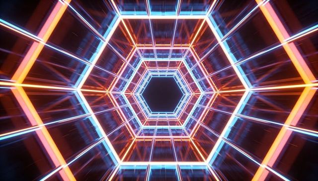 Glowing Hexagonal Neon Tunnel with Cyan and Orange Lights Receding into Dark Void