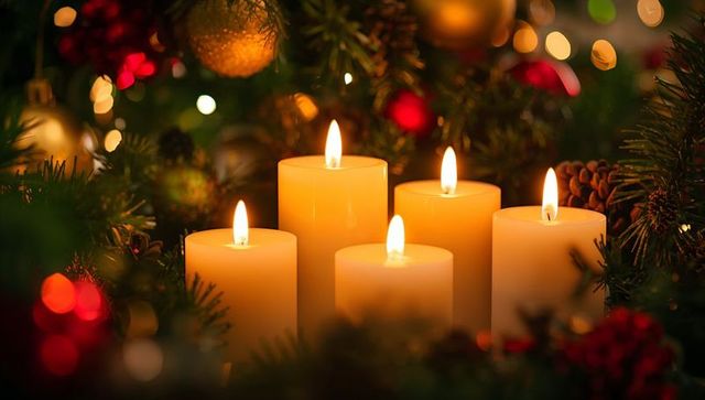 Glowing holiday candle arrangement with evergreen, gold red ornaments and warm bokeh lights