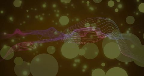 Flowing dotted waveform ribbon glowing over olive bokeh background for tech wallpaper
