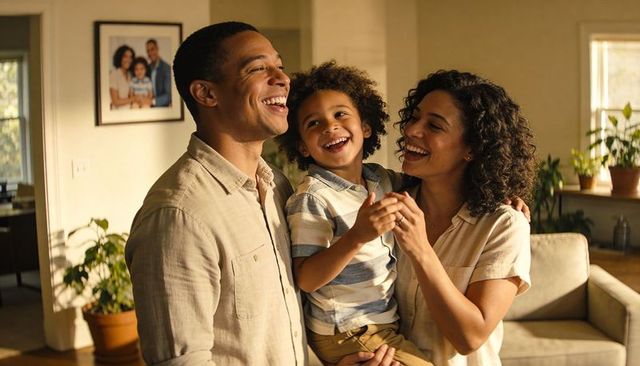 Laughing parents holding smiling child in sunlit living room, casual family bonding moment