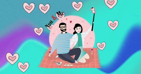 Couple on Picnic Blanket Taking Selfie Surrounded by Hearts - Download Free Stock Images Pikwizard.com