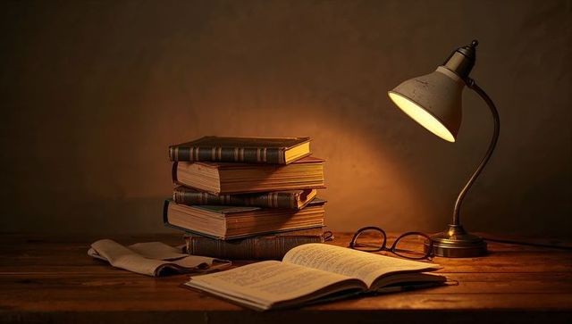 Warm vintage reading desk with stacked antique books, open volume, spectacles and lamp