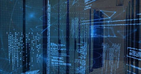 Futuristic blue data center with holographic code overlay and glowing server racks, neon