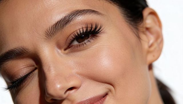 Winking woman with long voluminous eyelashes and glowing skin close-up headshot