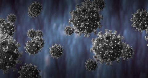 Coronavirus cells floating in abstract blue space