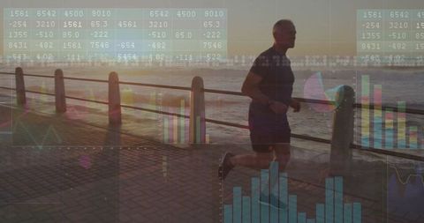 Senior man jogging at sunset on waterfront promenade