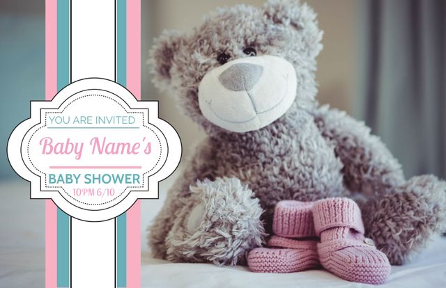 Cute Teddy Bear Baby Shower Invitation with Pink Booties - Download Free Stock Templates Pikwizard.com