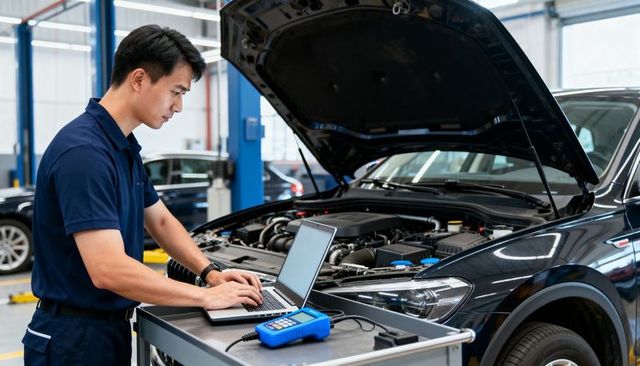 Technician typing on laptop while running car diagnostics in modern auto repair workshop