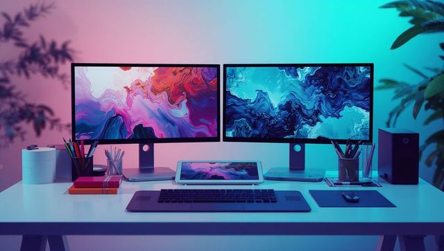 Dual monitors on modern minimalist desk workspace with vibrant lighting