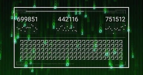Neon Binary Dashboard with Three Numeric Counters and Grid HUD for Cybersecurity Analytics