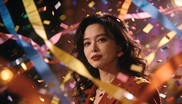 Stylish asian woman posing amid colorful confetti and streamers celebrating success