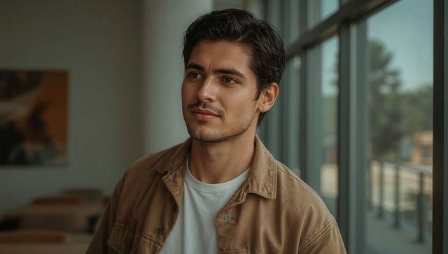 Contemplative young man gazing through glass windows in modern lounge wearing tan jacket