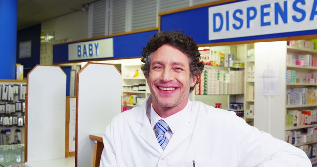 Smiling pharmacist in a white uniform standing in front of medicine shelves in a pharmacy. Ideal for illustrating warm, welcoming, professional environments in medical or healthcare settings, highlighting pharmacy services, or depicting positive customer interactions in a healthcare setting.
