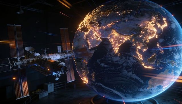 Orbital satellite near glowing earth showing south asia city lights and connectivity