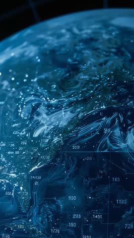 Rotating Digital Globe Revealing Swirling Data Streams and Grid HUD Futuristic Analytics