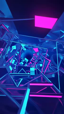 Drifting through neon mesh tunnel with glowing rods and floating cubes, vertical loop