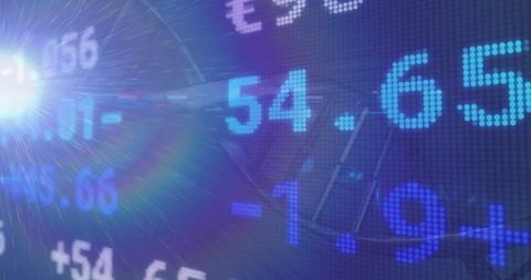 Glowing cyan-blue dot-matrix ticker showing 54.65 with lens flare and futuristic finance ui