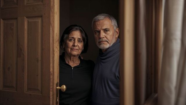 Senior couple standing at doorway looking solemn, warm wood interior, intimate portrait