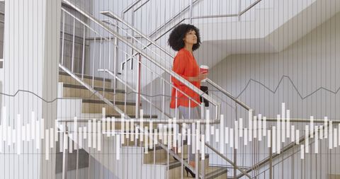 Businesswoman Climbing Stairs with Data Overlay Concept