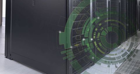 Round scanner overlay on modern server room with technology interface