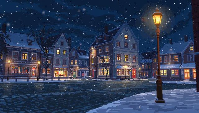 Retro pixel art winter canal town at night, glowing lamppost casting warm light