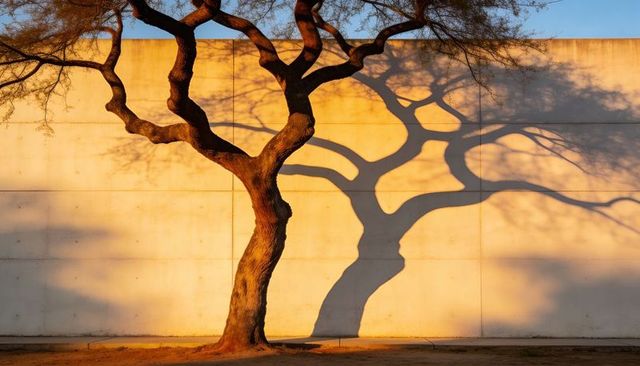 Gnarled tree casting sculptural shadow on pale concrete wall during golden hour