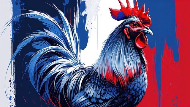 Vibrant and patriotic stylized rooster art with dynamic blue red colors