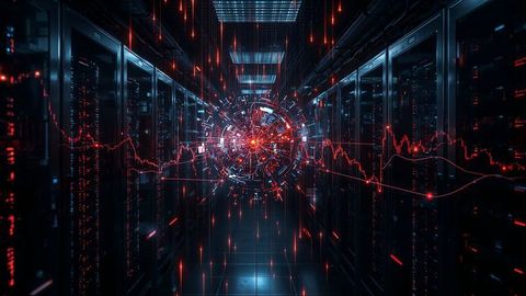 Futuristic data sphere displaying holographic patterns in data center