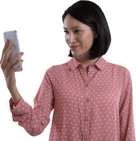 Asian Businesswoman Taking Selfie with Phone Transparent Background