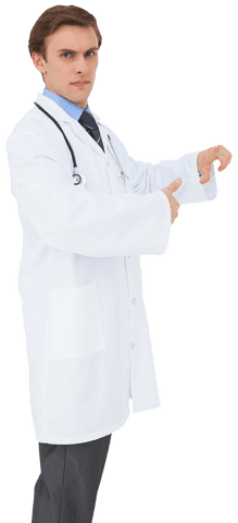 Caucasian male doctor gesturing with hands on transparent background