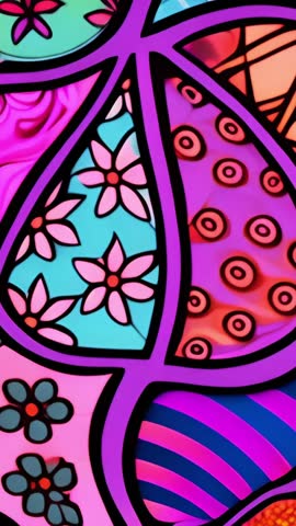 Vertical looping animation psychedelic geometric pattern bold purple outlines shifting neon colors