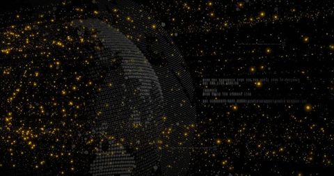 Digital Globe with Binary Code and Golden Sparks Illustrating Data Flow