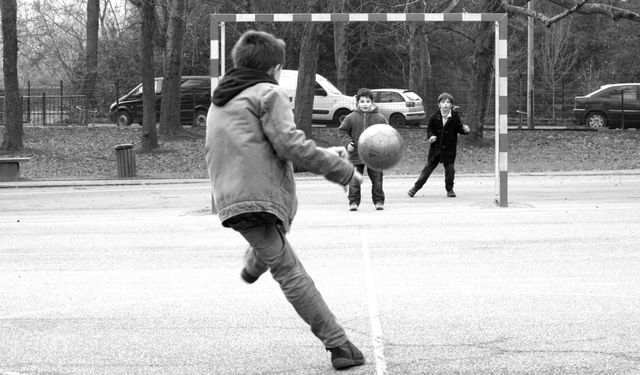 Children enjoying soccer game in park. Perfect for themes related to childhood activities, physical fun, teamwork, and outdoor play. Can be used for educational materials, parenting blogs, and sports websites.