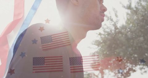 Patriotic Celebration in Sunlight Outdoors with Flag and Star Overlays