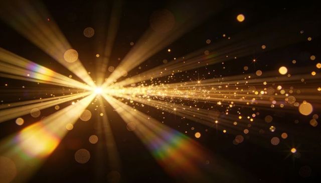 Golden starburst radiating long light rays with glitter trail, bokeh and sparkle flare