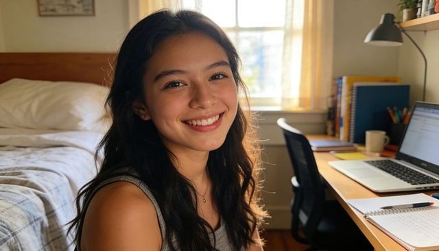Smiling young woman studying at bedroom desk with laptop, notebooks and warm sunlight