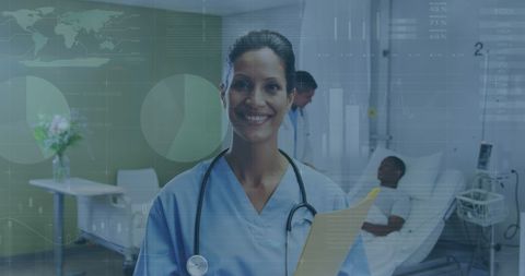 Smiling Female Doctor with Global Infographic Interface in Hospital