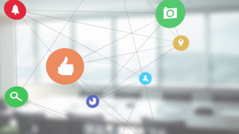Abstract Network of Social Media Icons in Office Background