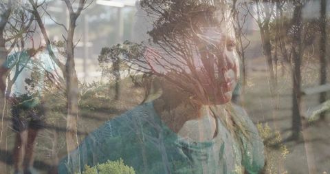 Double exposure of girl with nature reflection for dreamy serenity