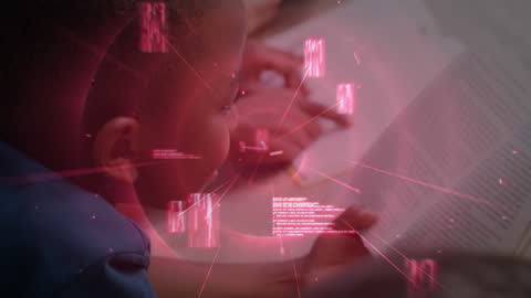 Child Engaged in Reading with Digital Interface Overlay