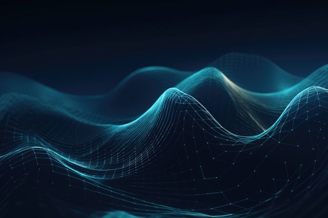 Abstract blue wavy lines on black background, created using generative ai technology. Abstract, colour and shape concept digitally generated image.