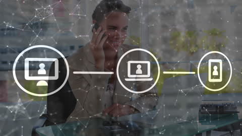 Businesswoman Communicating with Digital Data Interface Overlay