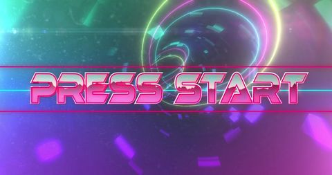 Retro futuristic graphic displaying the phrase 'Press Start' in bold pink text, set against an abstract neon tunnel that fades into a digital ether. Vibrant light effects and colors evoke a nostalgic gaming aesthetic, capturing the look of classic arcade and digital interfaces. Perfect for video game presentations, retro tech advertising, or any projects that need a vividly nostalgic sci-fi vibe.