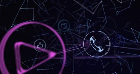 Neon wireframe phone handset in digital network with magenta play ring and glowing data